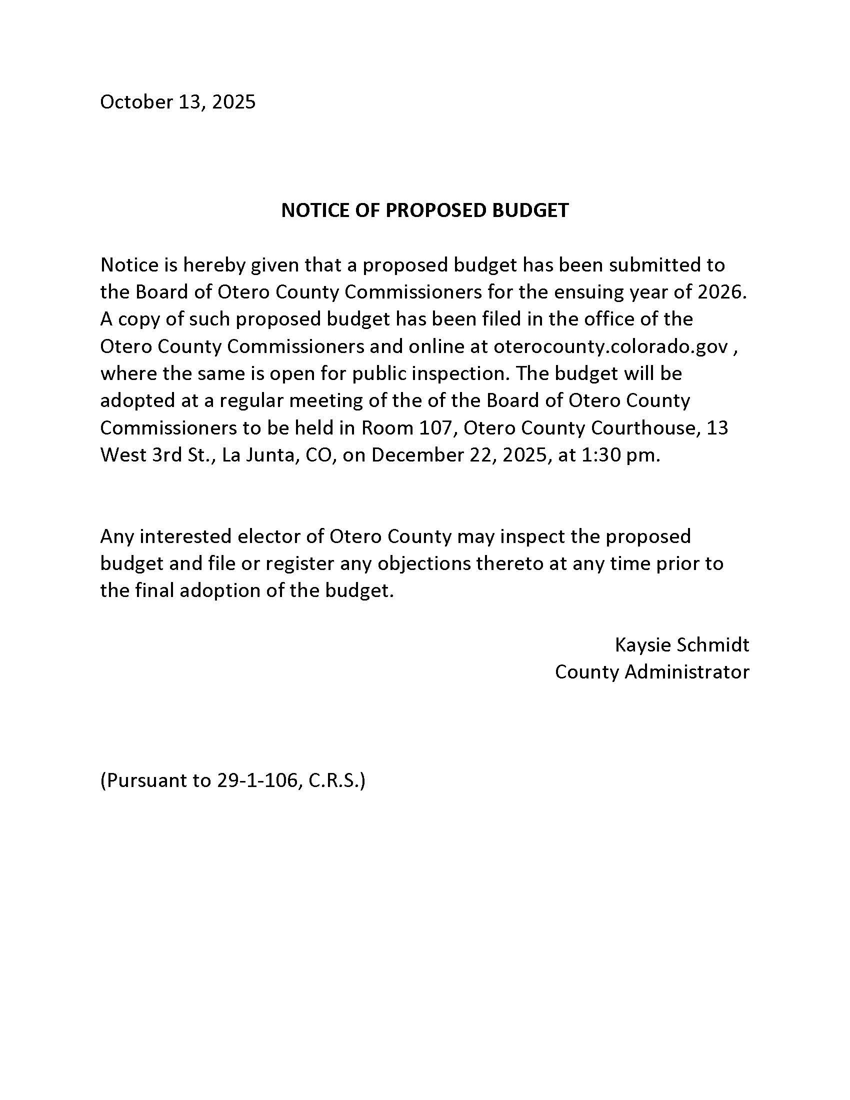 Notice of the 2026 Proposed Budget