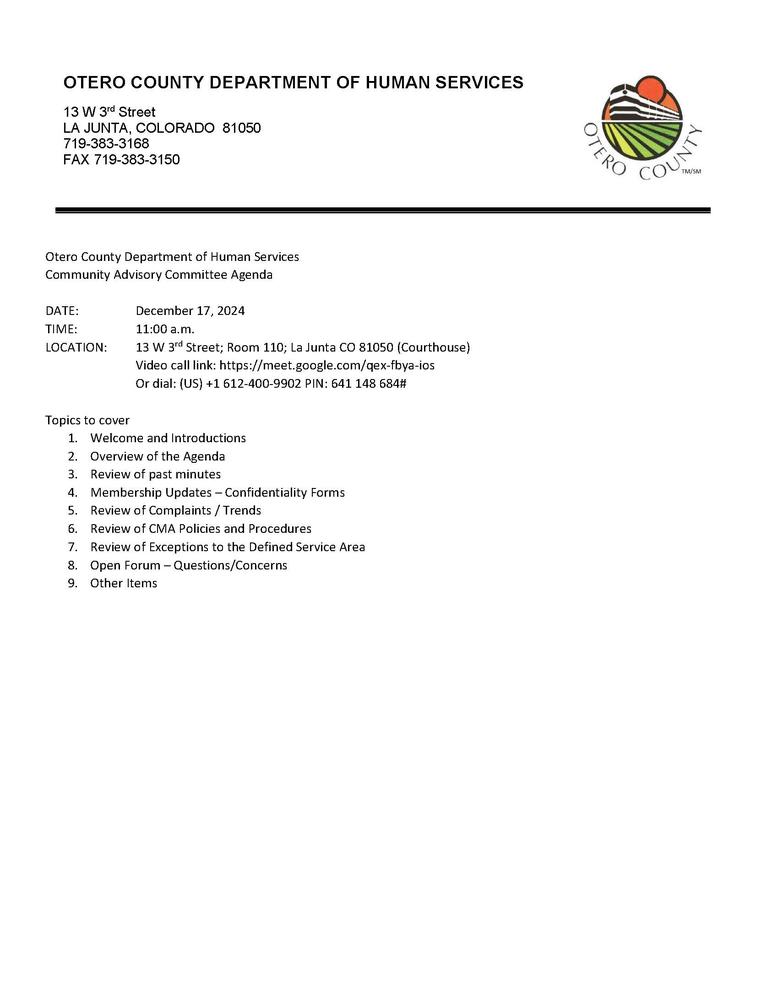 Community Advisory Committee Agenda for December 17, 2024