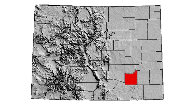 Greyscale topographic map of Colorado with Otero County highlighted in red
